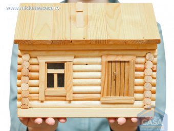 Casa din lemn in miniatura tinuta in palme de o femeie